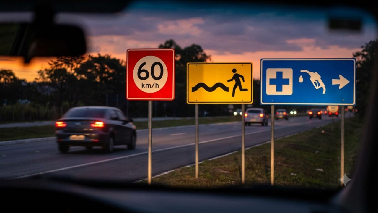 Placas de trânsito azuis, vermelhas e amarelas Qual a diferença e para que cada uma serve