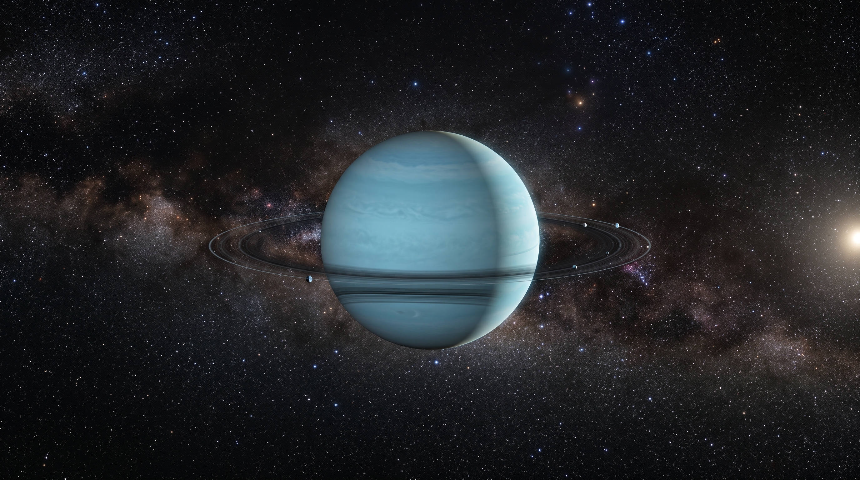 Urano está tão inclinado que não gira como os outros planetas, mas sim “rola” ao redor do Sol, e o resultado é extremo: cada polo passa cerca de 42 anos sob luz solar contínua e, depois, aproximadamente 42 anos na mais completa escuridão - QTU Questões do Universo