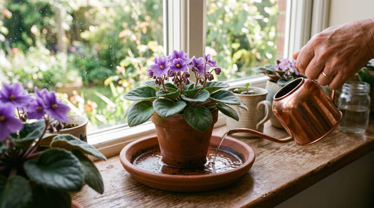 Suas violetas voltarão a dar flores em abundância se você adotar essa técnica rápida com água morna direto no pratinho