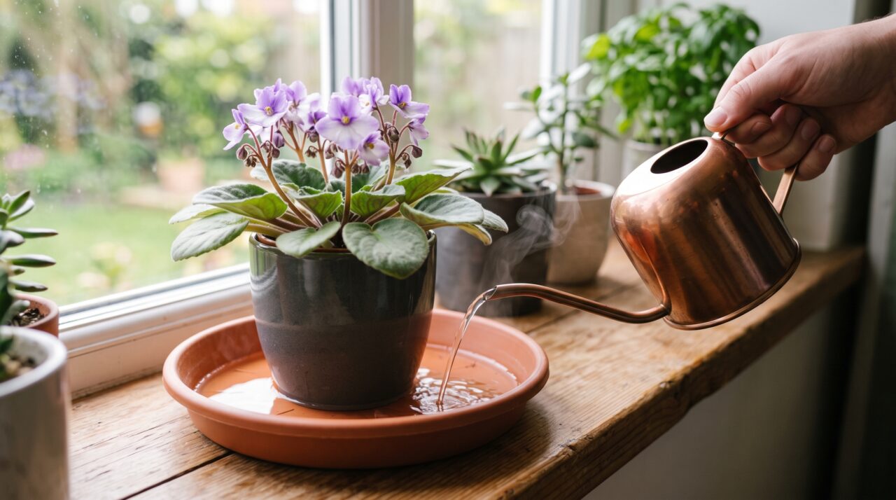 Como usar água morna no pratinho para fazer as violetas florescerem.