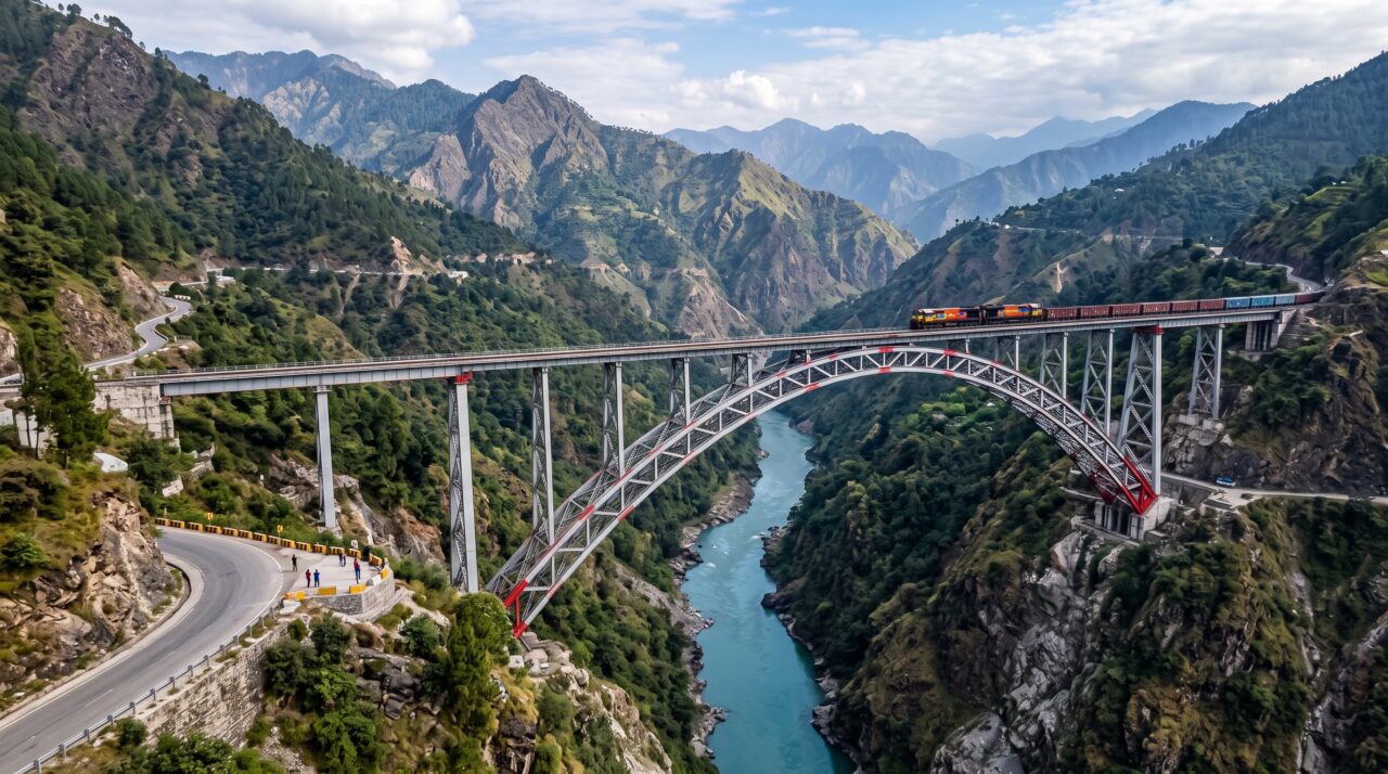 A construção e as características da ponte Chenab na Índia.