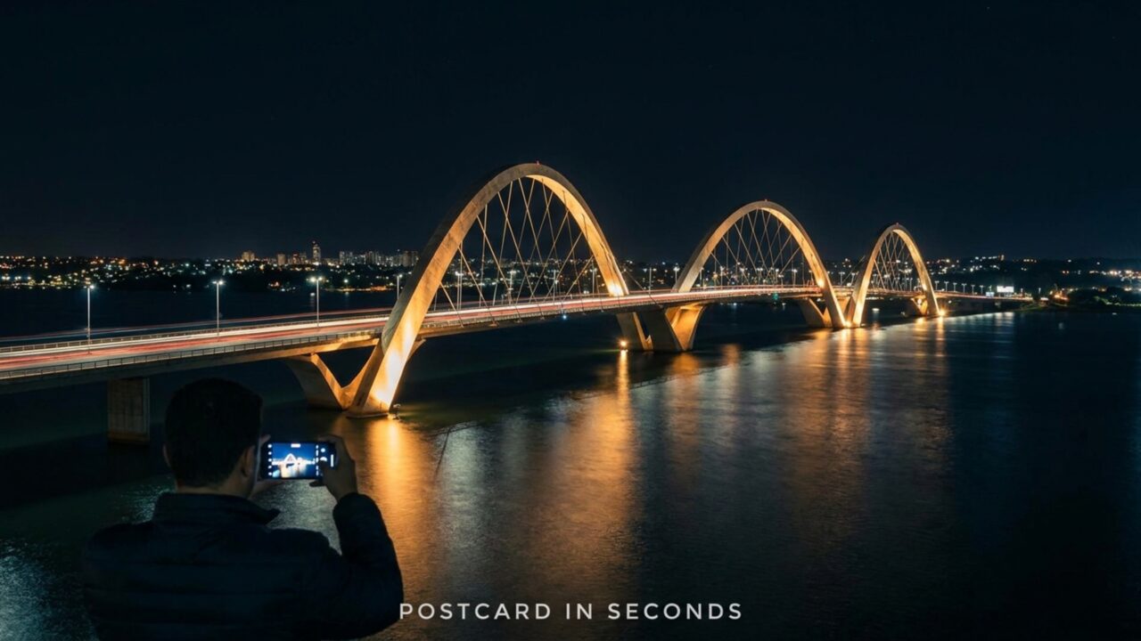 Inaugurada em 2002 com cerca de 1,2 km de extensão e três arcos marcantes, a Ponte JK virou um dos maiores cartões-postais de Brasília
