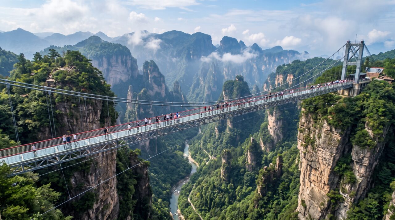 O fechamento temporário da ponte de vidro de Zhangjiajie devido ao excesso de visitantes.