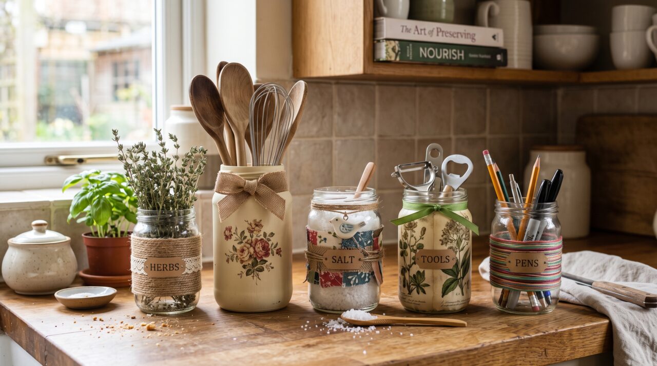 Artesanato e reciclagem de potes de vidro para organização da cozinha.