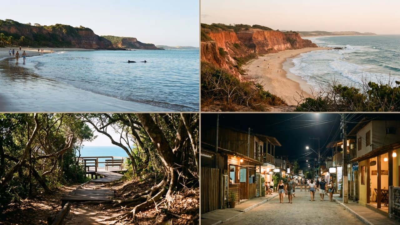 Famílias trocam praias óbvias por uma vila de falésias onde golfinhos, mar claro e noite agitada viraram marca do litoral nordestino