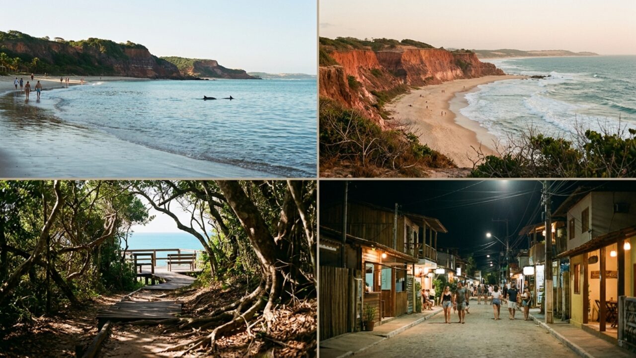Famílias trocam praias óbvias por uma vila de falésias onde golfinhos, mar claro e noite agitada viraram marca do litoral nordestino