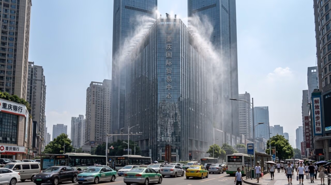 China cria sistema de resfriamento urbano que reduz temperatura em até 8ºC em minutos, utilizando água nebulizada nos telhados de prédios