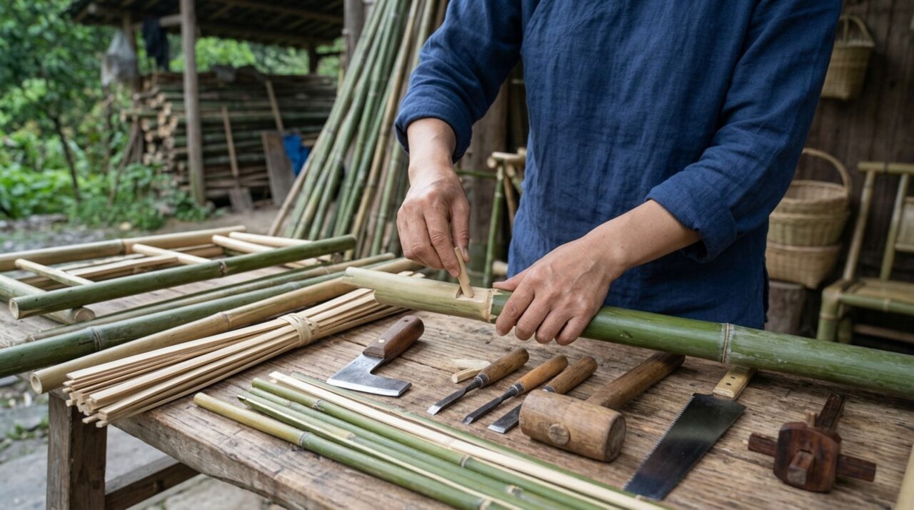 A produção artesanal de móveis de bambu e tecidos resgata técnicas tradicionais da cultura chinesa sem utilizar diálogos