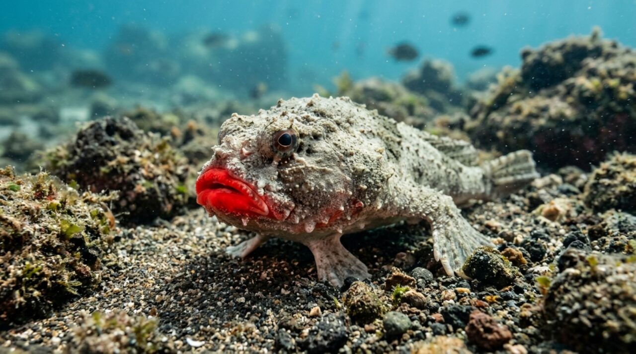 O peixe de Galápagos com lábios vermelhos que quase não nada e caminha apoiado nas nadadeiras