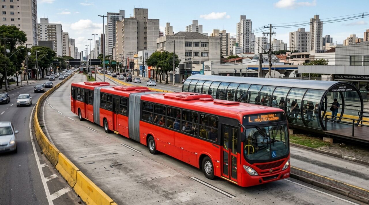 O bizarro ônibus de 30 metros que parece um trem sobre rodas e pode carregar até 300 pessoas por viagem