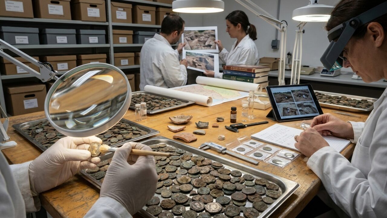 Arqueólogos na França desenterram uma vasilha cheia de dezenas de milhares de moedas romanas de 1.800 anos