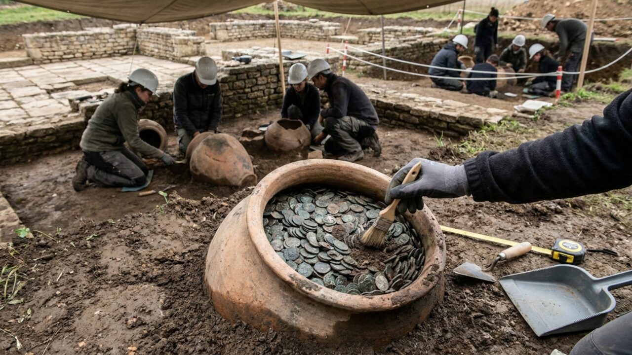 Arqueólogos na França desenterram uma vasilha cheia de dezenas de milhares de moedas romanas de 1.800 anos