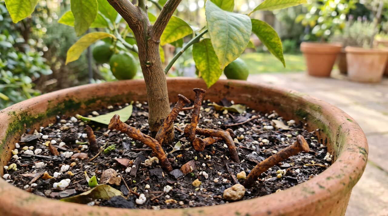 Truque de enterrar pregos enferrujados na terra para fortalecer limoeiros e árvores frutíferas em vaso.
