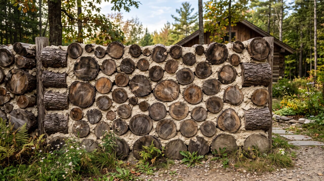A construção com a técnica cordwood (alvenaria de troncos).