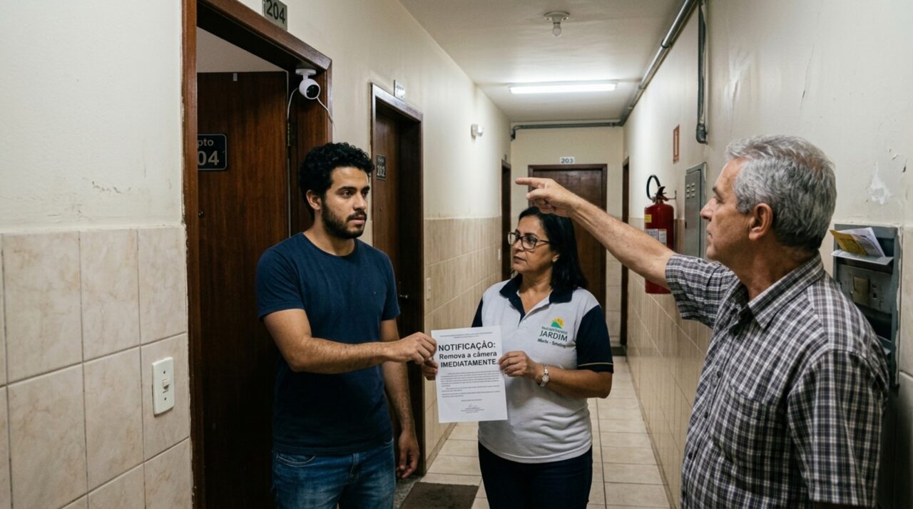 Morador instala câmera de segurança na porta do apartamento para proteger a família, vizinho reclama que a filmagem invade a privacidade do corredor e síndico exige a remoção do equipamento