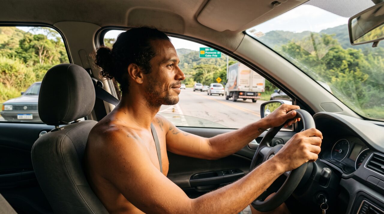 Dirigir sem camisa no calorão do verão é proibido pelas leis de trânsito?