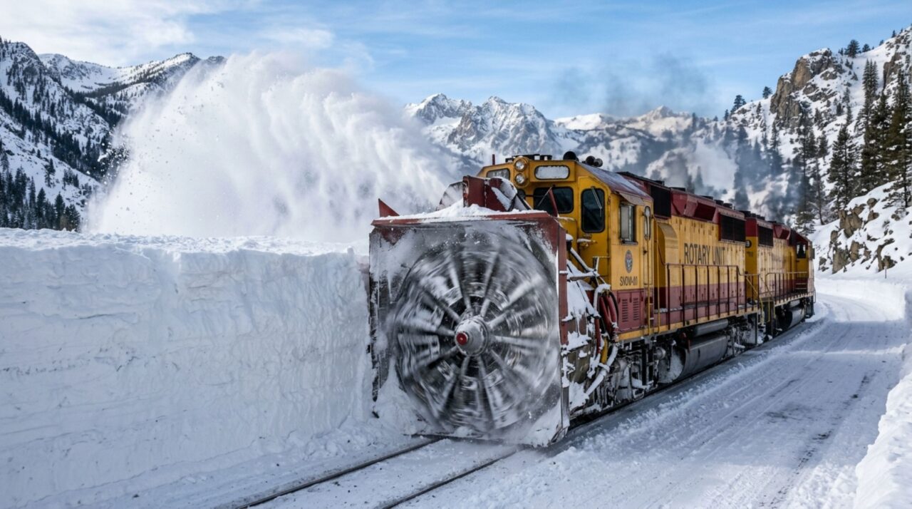 A locomotiva com hélice gigante que corta barreiras de gelo e arremessa neve a mais de 30 metros