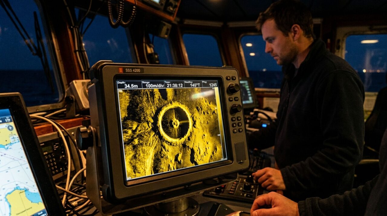 O registro original do sonar revelou a silhueta geom&eacute;trica e a faixa no sedimento marinho