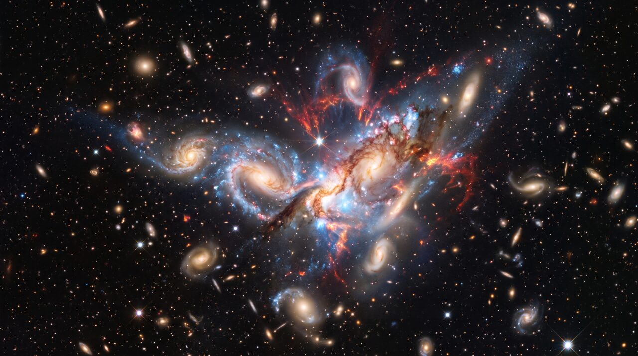 O James Webb flagrou pelo menos cinco galáxias em colisão cerca de 800 milhões de anos após o Big Bang, lançando elementos pesados ​​no espaço muito antes do que qualquer modelo previa — uma evidência de que o universo primitivo já era caótico e maduro quando deveria ser ainda simples