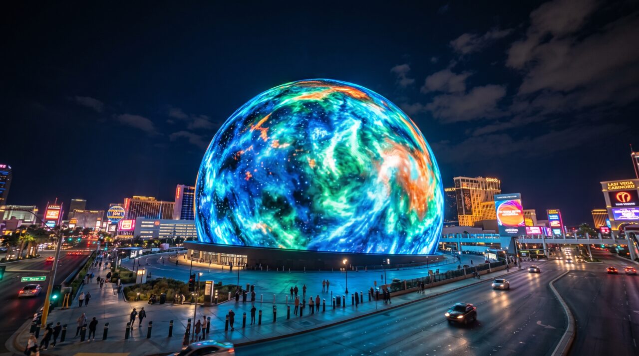 A estrutura tecnológica e o impacto de entretenimento da arena Sphere em Las Vegas.