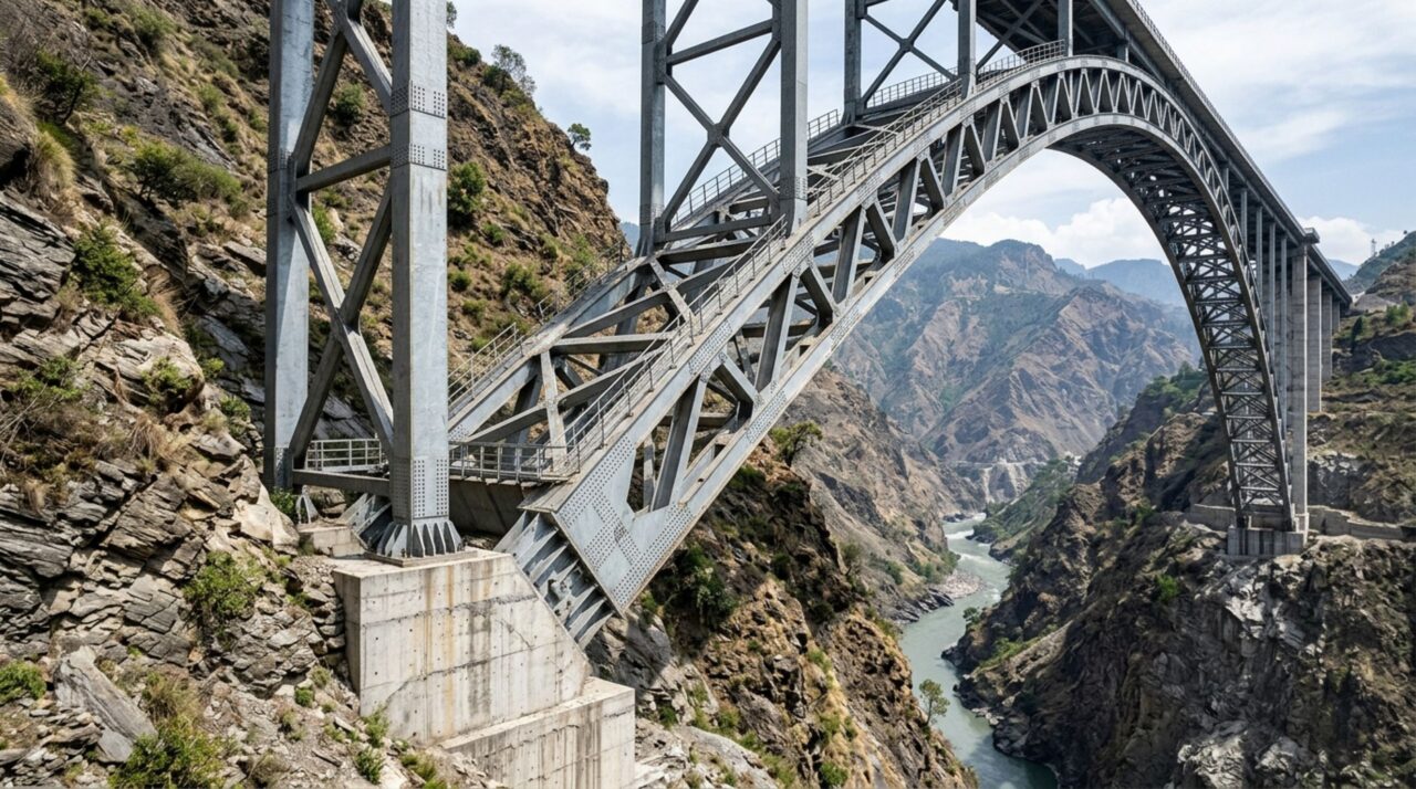 A estrutura em arco distribui o peso nas montanhas e dispensa pilares no leito do rio