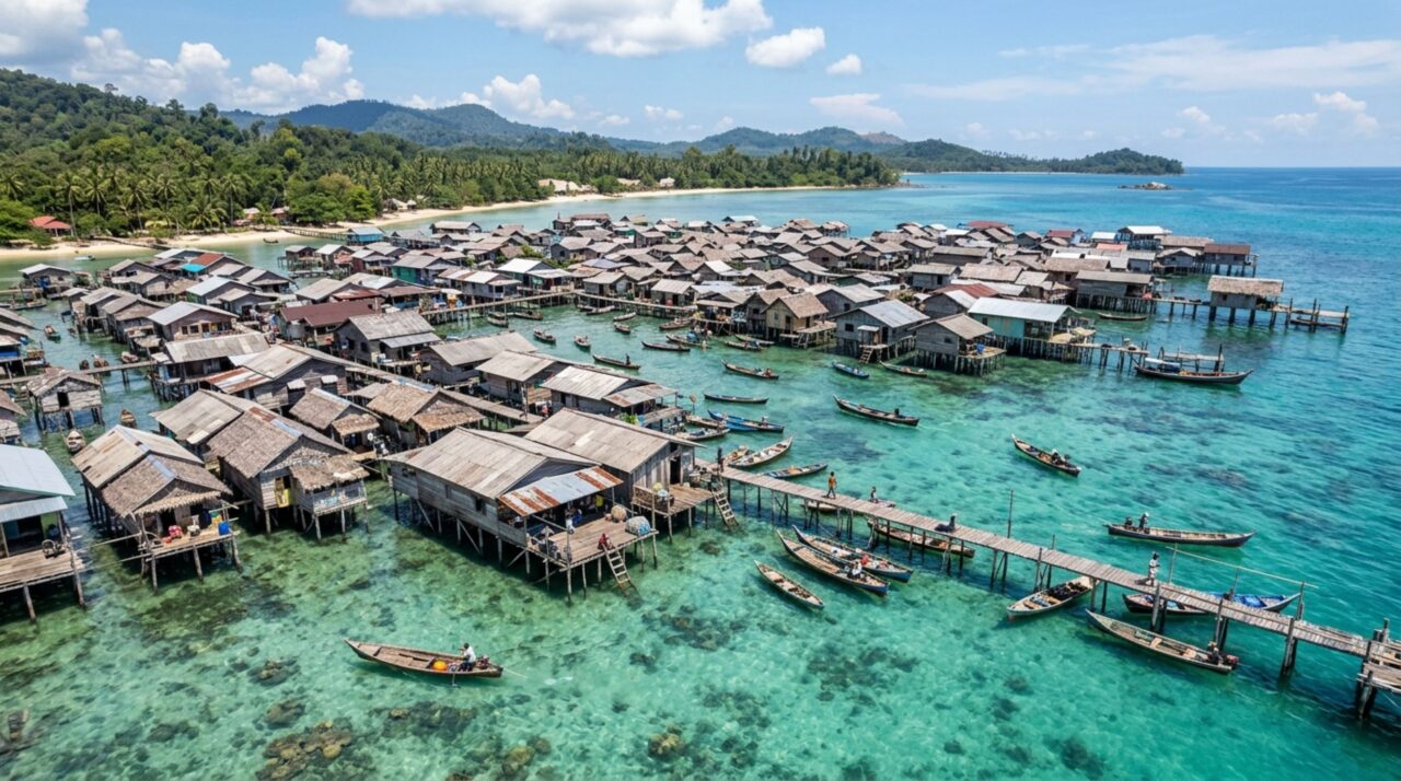 Casas de palafita tradicionais construídas sobre o mar por comunidades Bajau