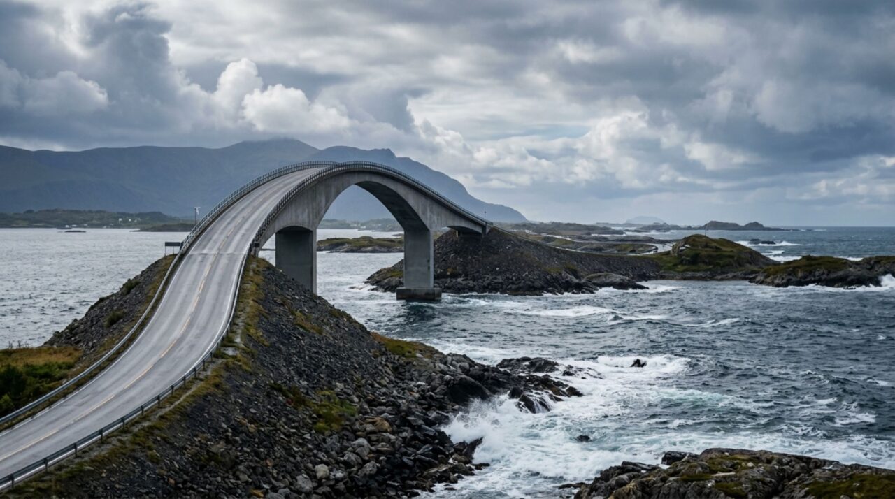 A ponte de curva extrema que parece terminar no vazio e desafia tempestades no oceano