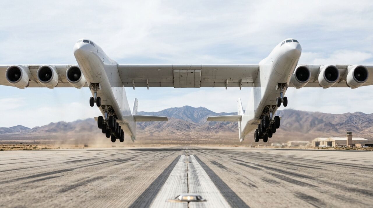 O maior avião em atividade tem duas fuselagens, seis motores de Boeing 747 e uma asa de impressionantes 117 metros
