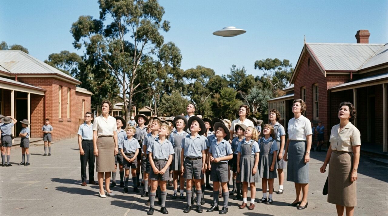 O objeto prateado que surgiu sobre uma escola australiana e foi visto por mais de 200 pessoas