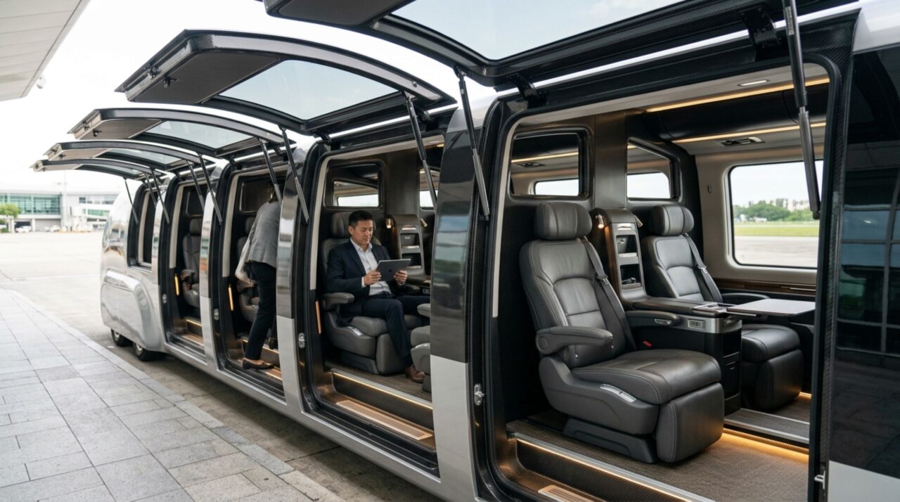 O interior luxuoso projetado com compartimentos individuais e acesso direto pelas portas