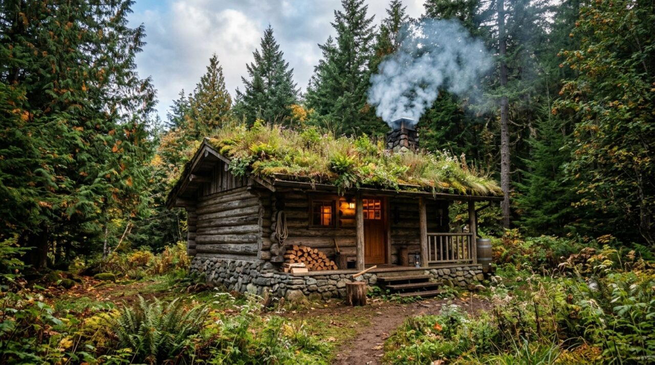 Nas profundezas da floresta, homem constrói a casa perfeita, utilizando toras, pedras e um telhado vivo de grama que parece fazer parte do ambiente