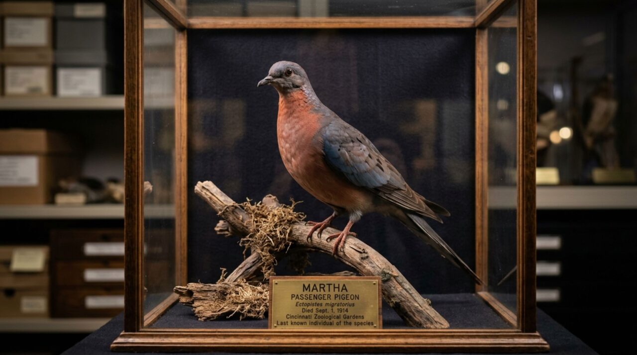 Exemplar preservado em museu representando o fim definitivo do pombo-passageiro