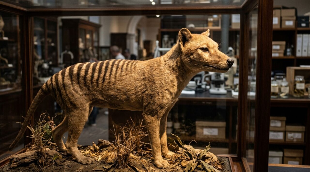 Exemplar preservado em museu recontando a história do tilacino e seu desaparecimento