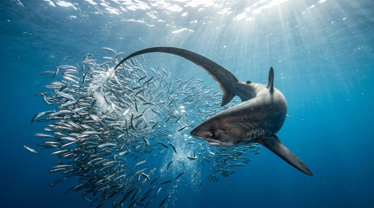 Ele não morde primeiro: o tubarão que derruba vários peixes com uma única chicotada no cardume