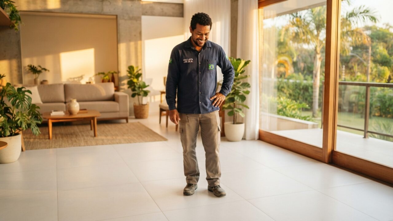 Quanto um pedreiro cobra para assentar porcelanato retificado em uma sala de 35 m² com rodapé embutido em julho de 2026?