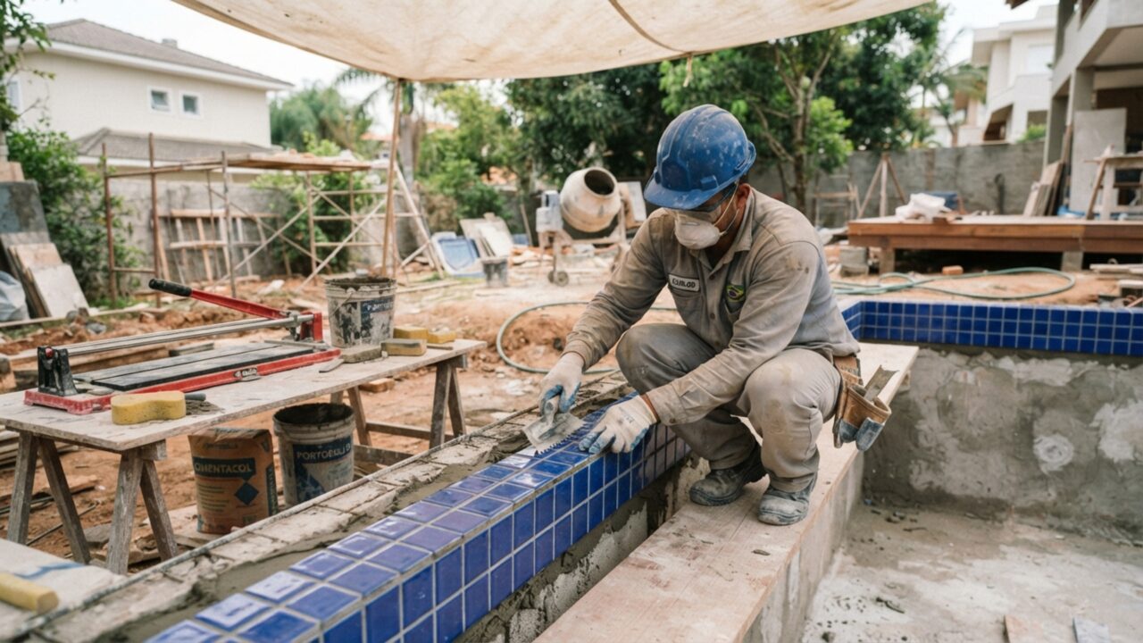 Quanto um pedreiro cobra para construir uma piscina de alvenaria de 8 x 4 metros com prainha e casa de máquinas em julho de 2026?