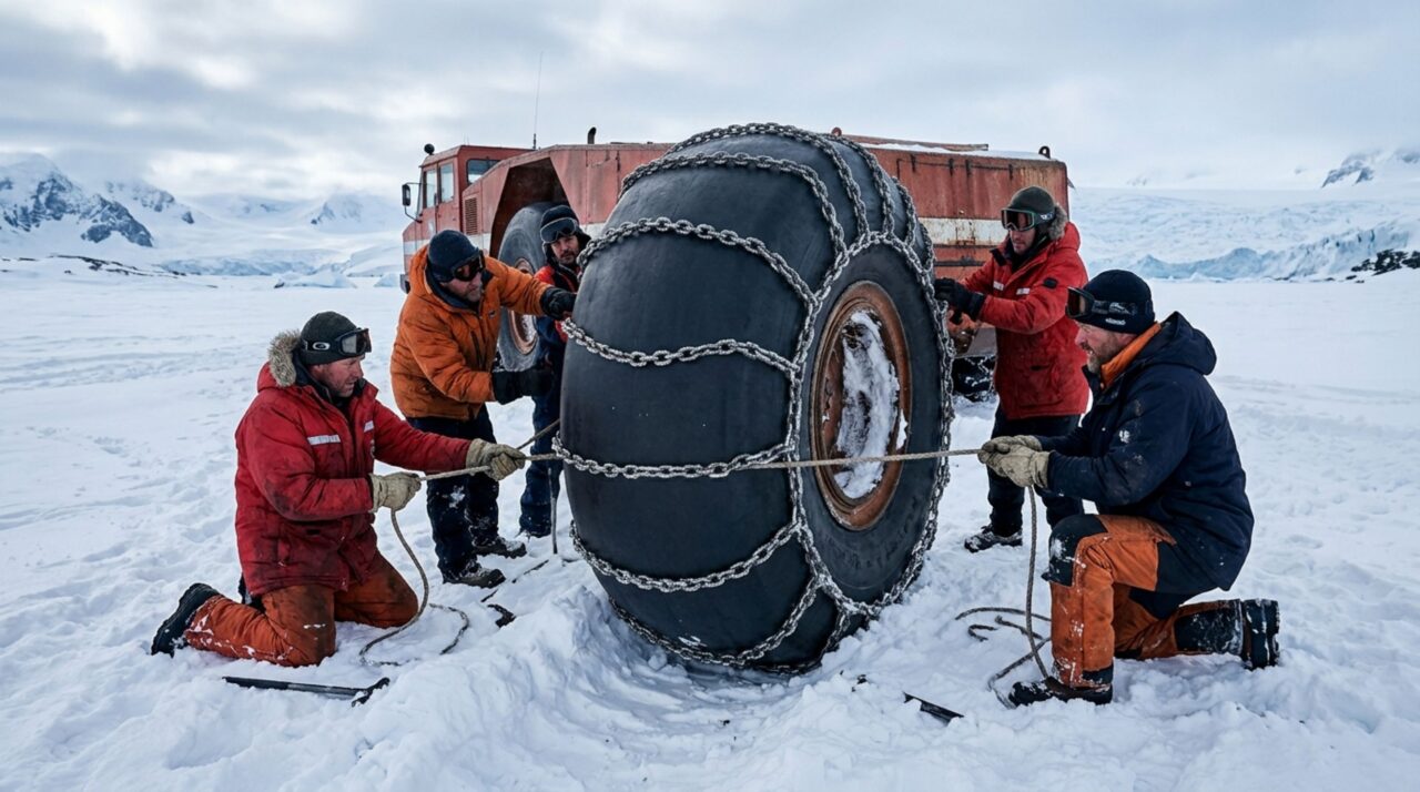 Pneus lisos giravam sem tração, fazendo a máquina afundar na neve profunda