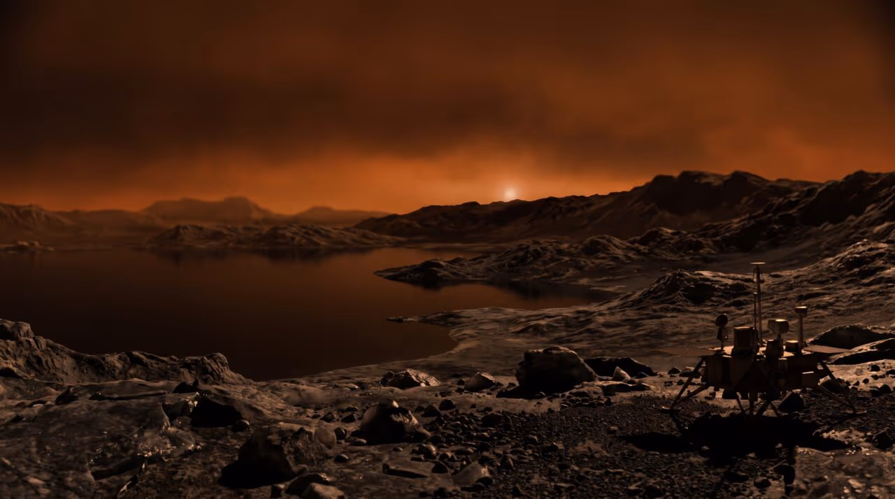 Mesmo ao meio-dia, Titã permanece em um crepúsculo perpétuo: a distância e a névoa densa, combinadas, deixam chegar à superfície apenas cerca de um milésimo da luz solar que a Terra recebe
