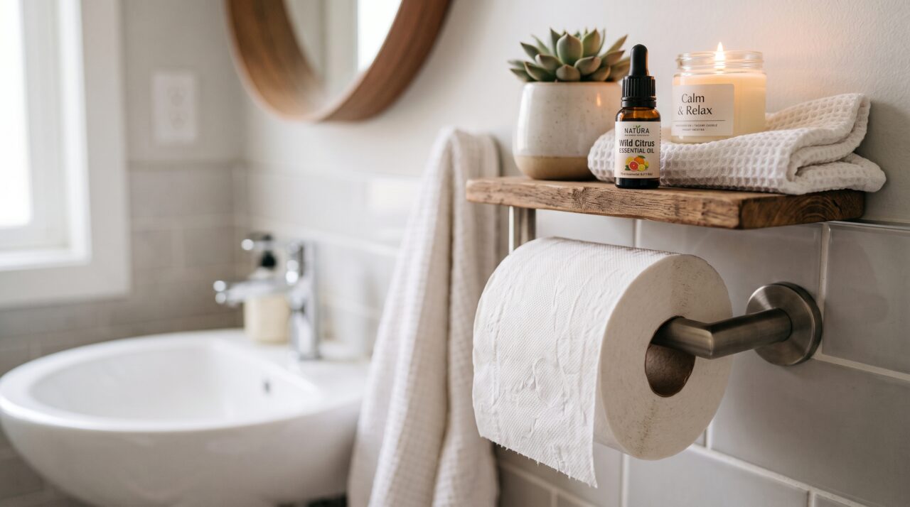 Truque com óleo de melaleuca no papel higiênico para perfumar o banheiro.