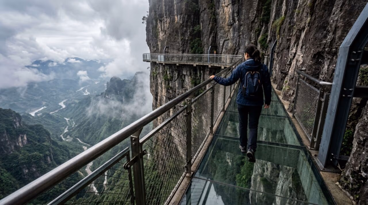 A assustadora ponte de vidro na China que parecia rachar sob os pés dos turistas a 1.180 metros de altura