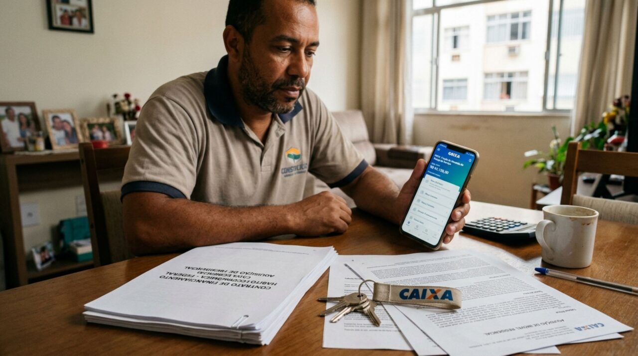 Trabalhador brasileiro analisando saldo do FGTS no aplicativo da Caixa em português brasileiro, com contrato de financiamento imobiliário e chave de um apartamento sobre a mesa, ambiente residencial realista.