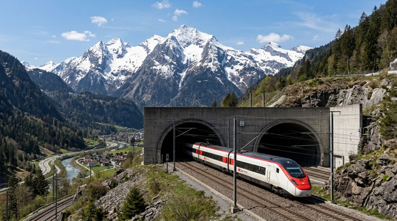 O túnel de 57 quilômetros que atravessa os Alpes por dentro da montanha sem enfrentar as antigas subidas