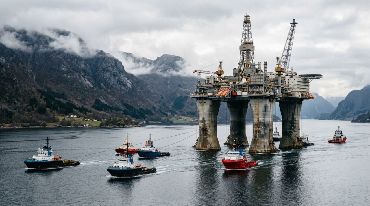 A torre de 683 mil toneladas construída em um fiorde que atravessou 200 km até o mar do Norte