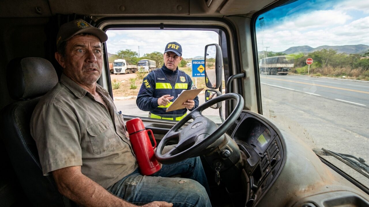 Caminhoneiro coloca garrafa térmica entre as pernas para tomar café na estrada, recebe multa e diz que objeto não atrapalhava a direção