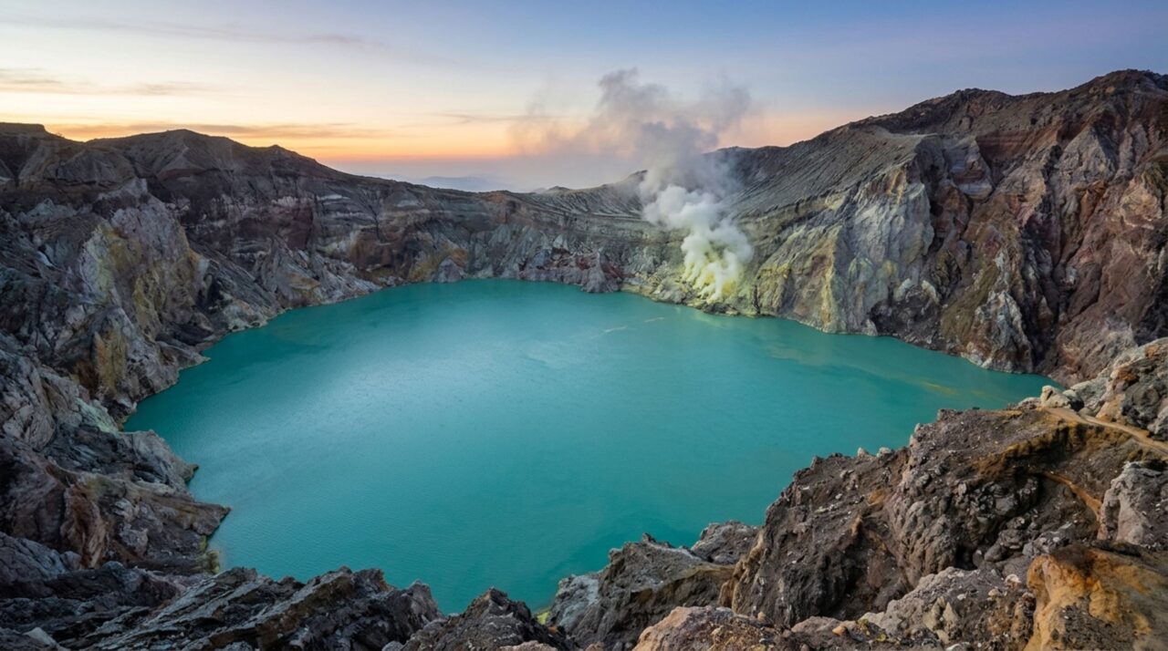 O lago ácido e os depósitos de enxofre que moldam a cratera do Kawah Ijen