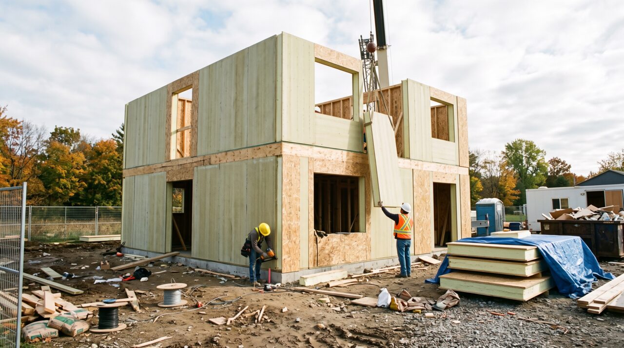 Montagem rápida, vantagens e custos de casas construídas com painéis estruturais isolantes (SIPs).