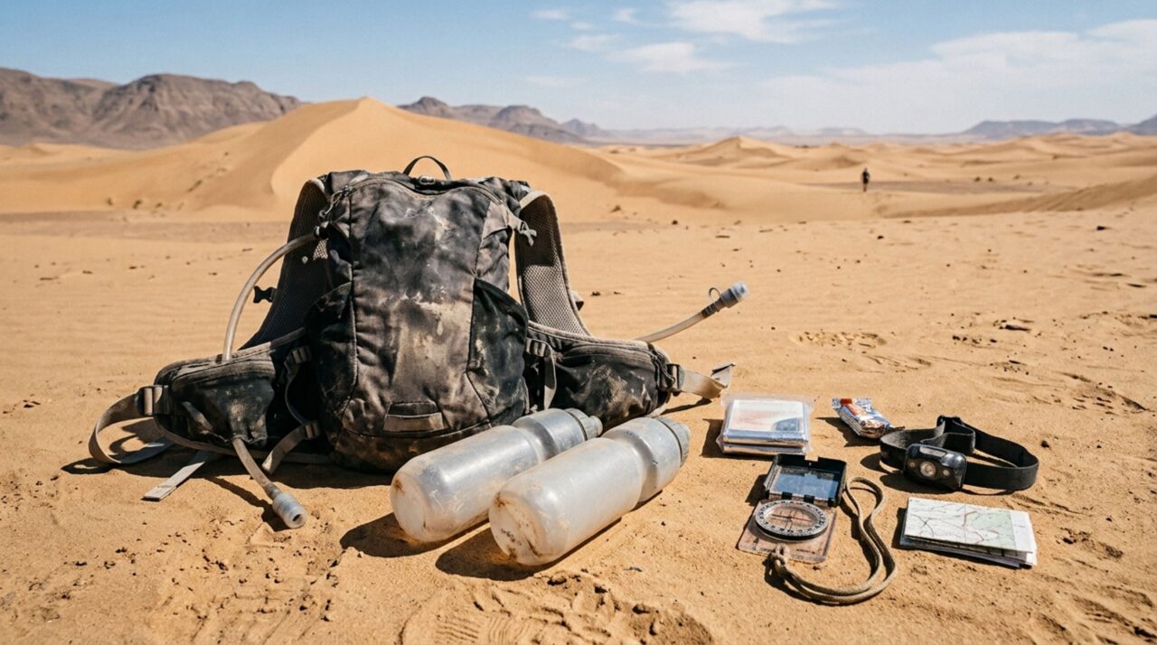 Equipamento básico e suprimentos de sobrevivência usados em provas de longa distância no deserto