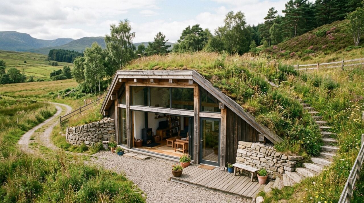 Homem constrói casa inspirada em Hobbit com estrutura de madeira, cobertura verde e fachada iluminada por apenas 2.000