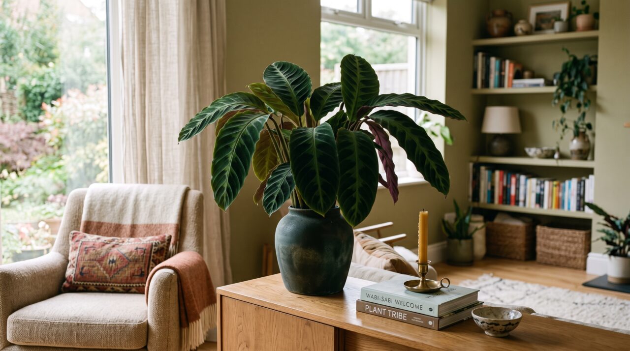 O cultivo da planta calathea de folhas aveludadas em ambientes internos de meia-sombra.