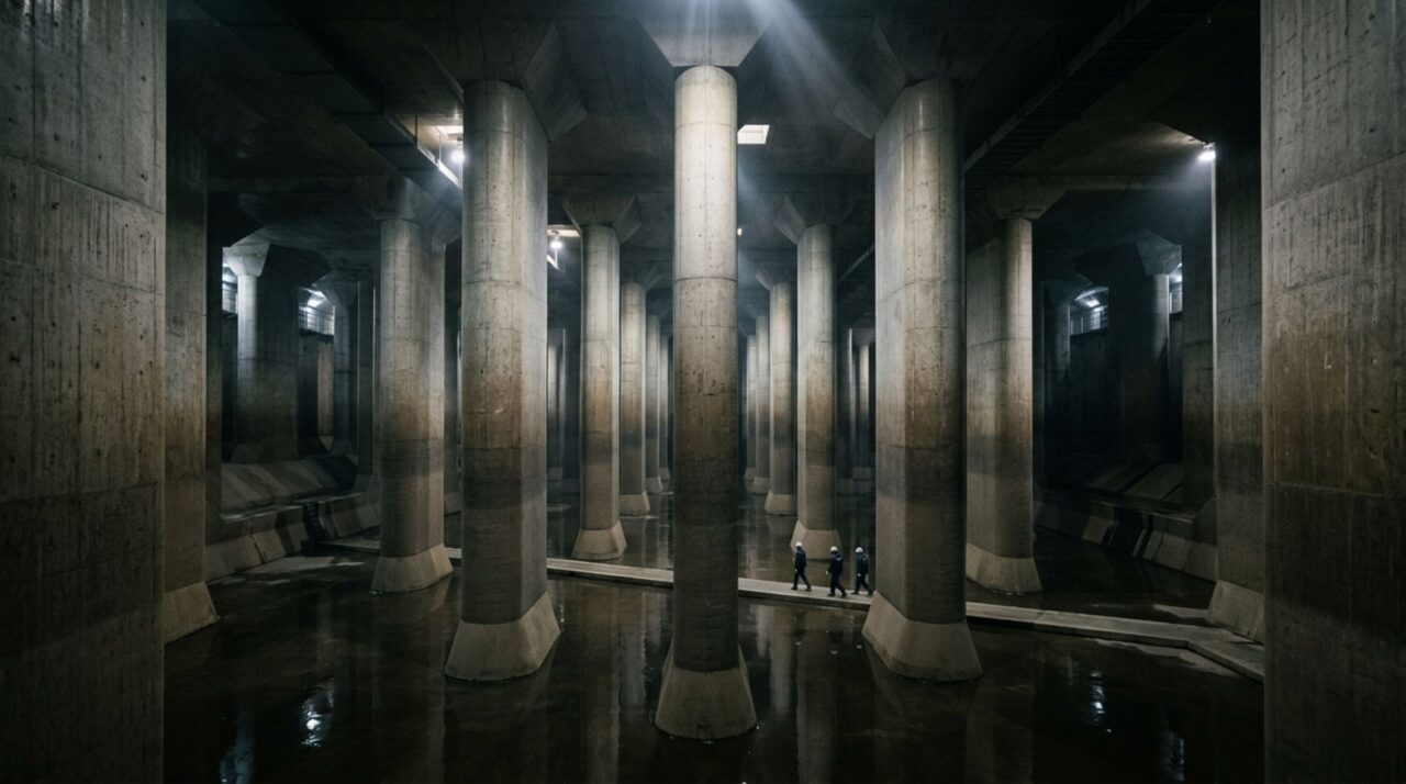 O gigantesco templo escondido a 50 metros do chão que protege a região de Tóquio contra tempestades devastadoras